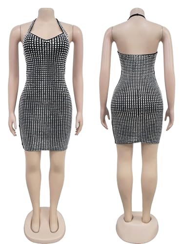 Image of Figdaw Women Sparkle Rhinestone Halter Bodycon Mini Dress