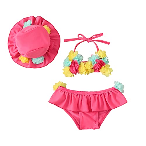 Kodaruber Toddler Baby Girl 3 Piece Swimsuit Halter Top+Shorts+Hat/Headband Bikini Set Summer Beach Bathing Suit Swimwear(Rose Red,0-6 Months)