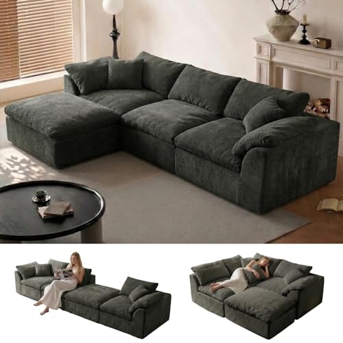 Image of Cloud Couch Sectional for Living Room, Modular L Shaped Boneless Sofa with Chaise, Compressed No Assembly Couch, Deep Seat Chenille Upholstered Convertible Sofa Bed (Black)
