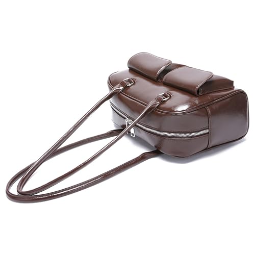 Image of Fozehlad Y2K Shoulder Bag for Women Retro PU Leather Tote Handbag Multi-Pocket Hobo Bag with Zipper for Gifts