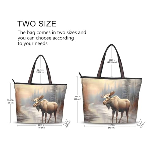 Women Tote Bag Purse Winter Moose Print with Zipper, Patterned Handbag Reusable Grocery Bag Large Size3