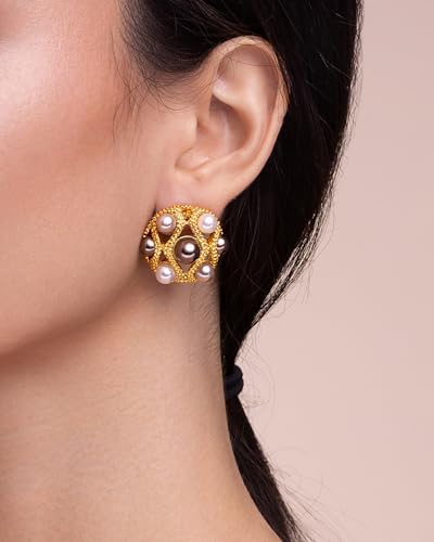 Medium Chunky Gold Cream Dark Brown Black Pearl Stud Round Button Statement Earrings for Women by SNGIA, Big Brown Bold Textured Handmade Exaggerated Dome Retro Rounded Ball Trendy Bohemian Jewelry Gifts, Unique Baroque Vintage Mother of Pearl Abalone Summer Beach Fashion Accessories, Round Thick Circular Nickle Free Huggies Earring.3
