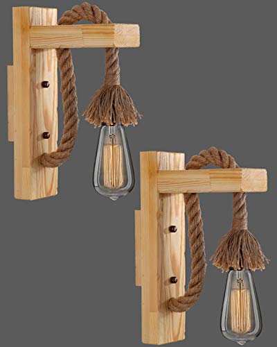 Applique Murale Industrielle Vintage Bois, Lampe Murale Rétro avec Ampoule, Lumiere Murale Intérieur E27, Luminaire Mural en Corde de Chanvre pour Bar Café Restaurant Couloir Loft (2 Pièces, Original)