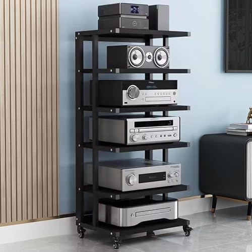 6-poziomowy mini stojak HiFi z kółkami, kompaktowy stojak na komponenty audio, drewniana i stalowa półka gramofonowa, do winylowych odtwarzaczy DVD i przechowywania multimediów, idealny sprzęt do gier