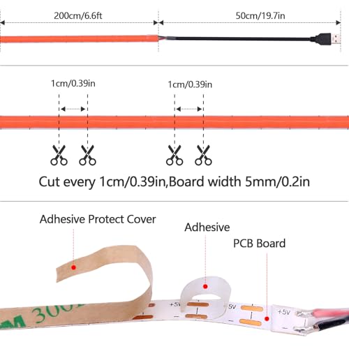 GOMING 5V 5mm Width COB USB LED Strip Light Red USB Powered 4M(2pcs x 2M) High Density 400LEDs/M Flexible IP20 Not Waterproof LED Tape Lights for DIY Decoration Lighting - Image 4