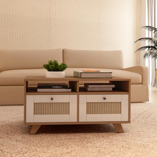Mesa de Centro Trama 2 Gavetas 2 Prateleiras Cinamomo/Off White