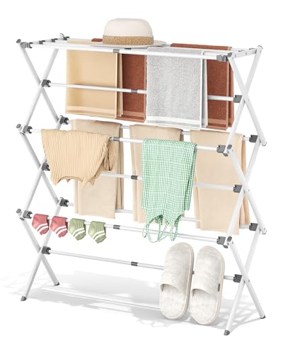 APEXCHASER Drying Rack Clothing - 3 Tier Metal Clothes Drying Rack Collapsible, Laundry Drying Rack...