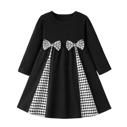 LittleSpring Girls Long Sleeve Dress with Bow Plaid Dresses 2-10 Years