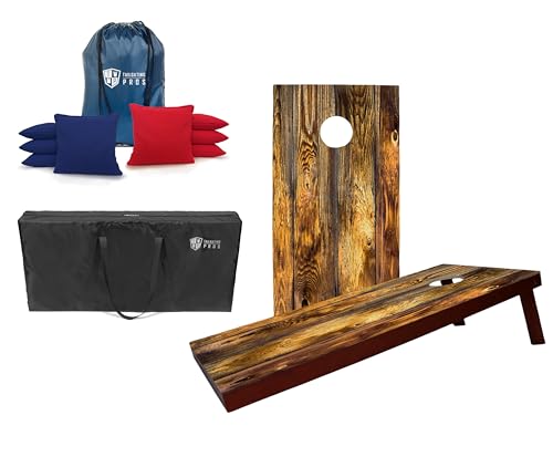 Tailgating Pros Lightweight Cornhole Game - 4'x2' Rich Woodgrain Stained Boards- Carrying Case & Set of 8 Corn Filled Bags w/Tote