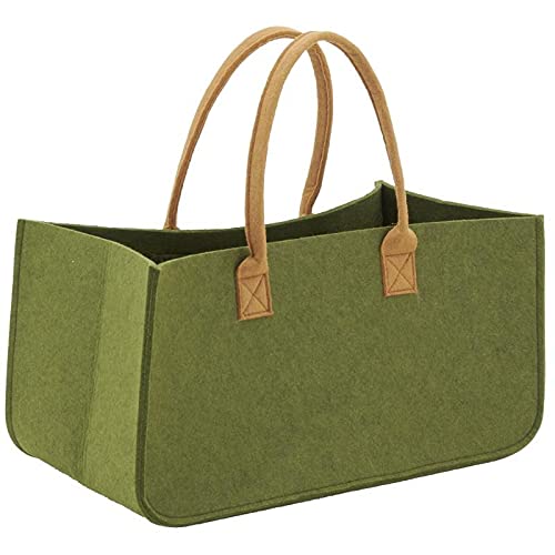 Sac à bûches feutrine kaki au pied de la cheminée du salon