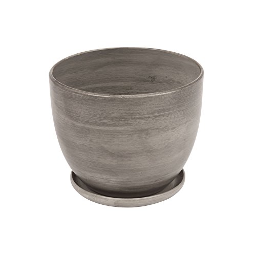 Pot de Fleur ceramique Baril avec Support Soucoupe Hauteur 15 cm diametre 19 cm Gris Cover