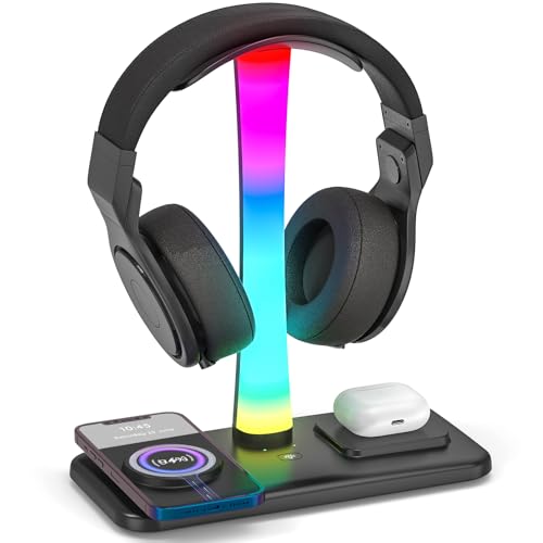Jubor 3 in 1 RGB Gaming Headphone Stand, Headset Holder with 15W Wireless Charger, Gaming Headphone Holder with 9 Light Modes Memory Function for Most Headphones