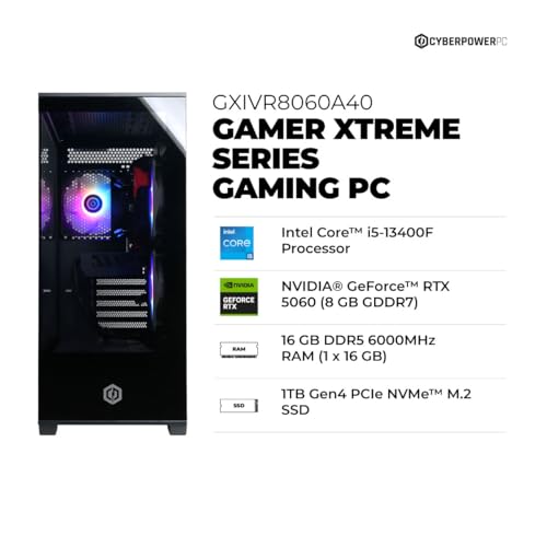 undefined CyberPowerPC Gamer Xtreme VR Gaming PC, Intel Core i5-13400F 2.5GHz, GeForce RTX 5060 8GB, 16GB DDR5, 1TB PCIe 4.0 SSD, WiFi Ready & Windows 11 Home (GXiVR8060A40) の商品画像 1