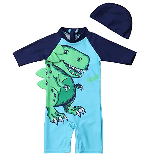 Baby Boys Rash Guard Swimsuit Sun Protection Bathing Suit Children Boys Dinosaur Swimwear with Swimming Cap,1-6Y (3-4 Years, Blue Sunsuit)