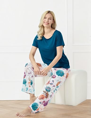 Image of GYS Bamboo-derived Viscose Women's Pajamas Set Short Sleeve Top With Pants 2-Piece Sleep Set