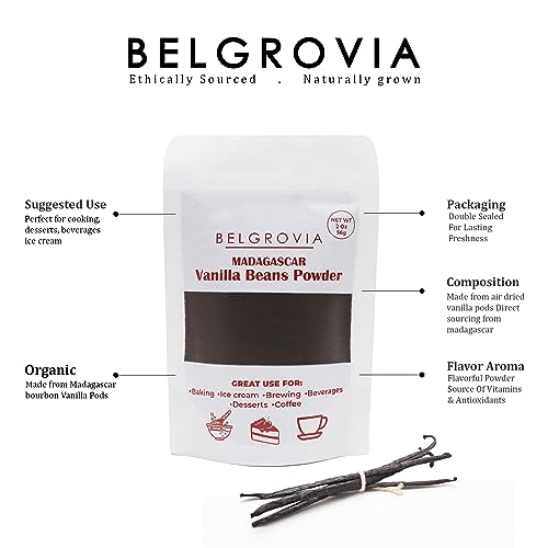 Belgrovia Madagascar Organic Vanilla Bean Powder, 100% Pure Ground Vanilla Powder for Baking and Cooking, Perfect Vanill