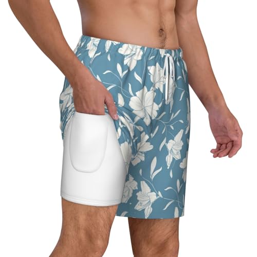 Lilies Flowers Light Blue Funny Men's Swim Trunks Board Shorts Quick Dry-3