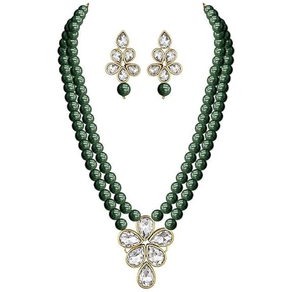 Pearl Necklace Set with Green Beads, Gold-Plated Floral Design Pendant and Earrings (GREEN) (B0DCZPJ9KS) Amazon Price History, Amazon Price Tracker
