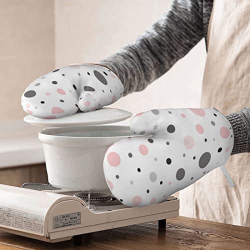 Pink Gray White Modern Polka Dot Pattern Printed Silicone Anti-Scald Gloves, Oven Mitts, Used For Cooking, Grilling, Kitchen Oven Gloves. #TOP7