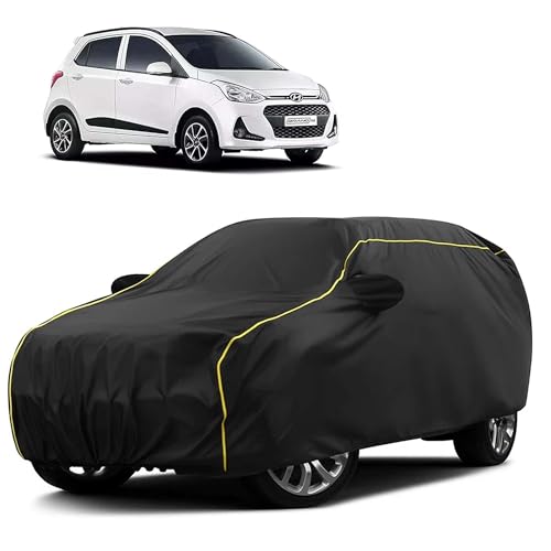 Image of Sulfar 100% Water Resistant Car Body Cover Compatible with Mirror for Hyundai Grand i10 (Triple Stitched, Full Bottom Elastic, Black Taffeta with Yellow Piping)