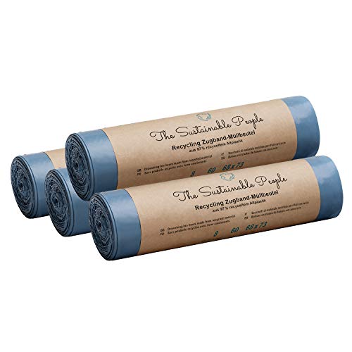 TSP Recycling Zugband Müllbeutel 60L ressourcenschonend aus 97% Altplastik hergestellt. Sichere, reissfeste Abfallsäcke für den Restmüll und die Wertstoffsammlung