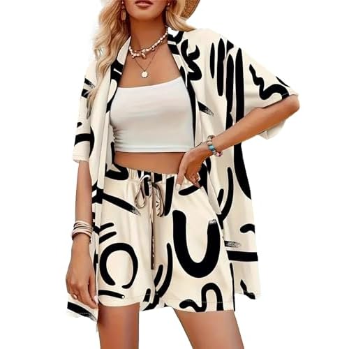 Women Summer 2 Piece Set Printed Short Sleeve Top Lounge Shorts Beach Outfits 03black Medium