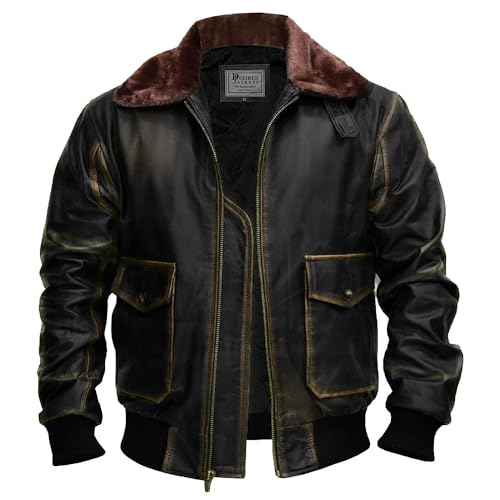 Image of Mens G-1 Fur Collar US Navy Flight Distressed Brown Aviator Genuine Leather Jacket