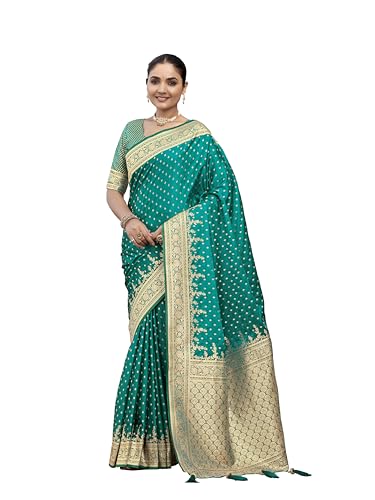 Image of MANOHARI Women's Trendy Banarasi Satin Silk Woven Saree with Heavy Jacquard Work, Elegant Design, Silk Saree with Maching Lace Border Unstitched Blouse Piece for Weddings & Festive Occasions