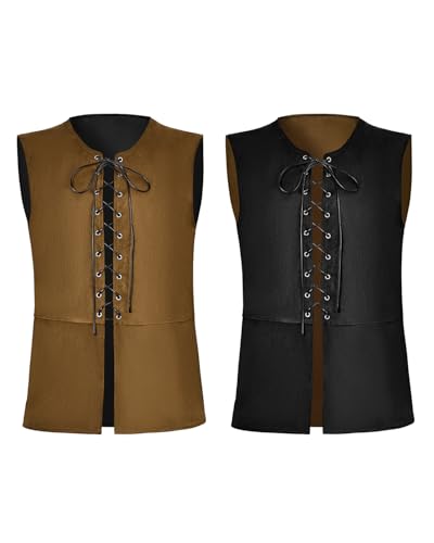 Century Star Reversible Pirate Vest Men - Renaissance Costume Men Medieval Viking Gothic Steampunk Halloween Costumes Brown/Black Small