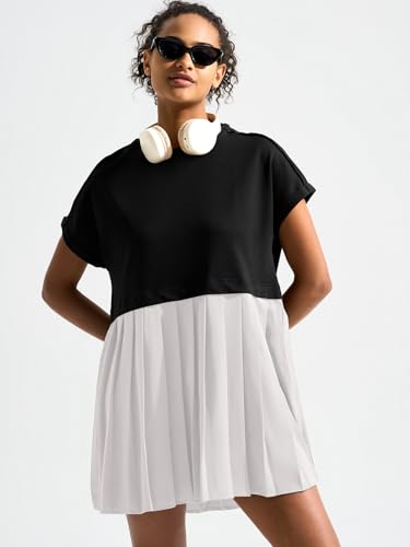 Image of Dokuritu Sweatshirt Dress Women Crew Neck Long Sleeve Patchwork Pullover Tops Flowy Oversized Sweatshirt Mini Dress
