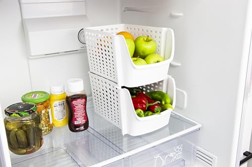 Skywin TidyFriend Plastic Stackable Storage Bins for Pantry -2 Pack Stackable Bins For Organizing Food, Kitchen, and Bathroom Essentials (White)