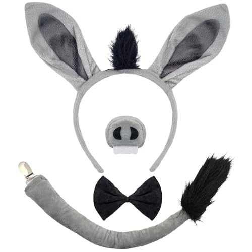 DaliDali Donkey Ears and Tail Adult with Nose and BowTie Donkey Headband with Tail Donkey Costume Adult for Halloween Festival Party Cosplay