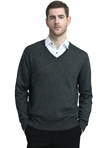 Kallspin Men's Big & Tall Sweaters Cashmere Wool Blended Relaxed Fit V Neck Pullover Sweater(Charcoal,2Xl-Tall) #TOP2