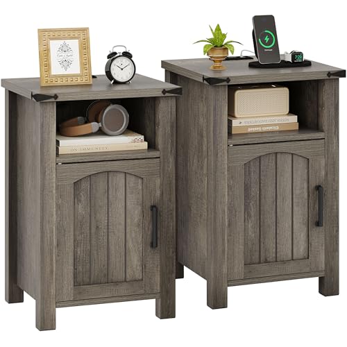 Farmhouse Nightstand with Charging Station, Set of 2 End Table