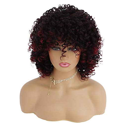 Hawkko Short Ombre Afro Kinky Curly Wig Synthetic Burgundy Full Curly Wine Red Hair Wigs for Black Women Holiday T2/118