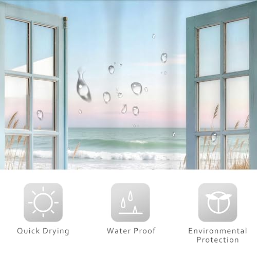 Image of Riyidecor Blue Beach Shower Curtain 60Wx72H Inch Rustic Summer Barn Door Ocean Coastal Seaside Scenery Country Teal Wood Hawaii Sea Path Retro Bathroom Decor Fabric Polyester Waterproof 12 Pack Hooks