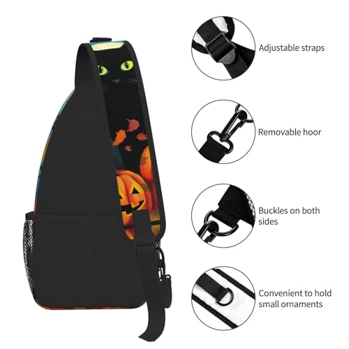 Halloween Black Cat Casual Sling Backpack Crossbody Chest Bags for Unisex Fall Pumpkin Leaf Adjustable Shoulder Bag Multipurpose Daypack 7