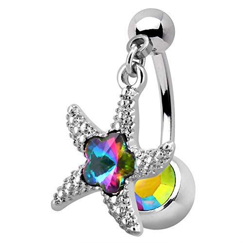 Melighting 14G Starfish Belly Button Rings 316L Surgical Steel Reverse Belly Rings Clear Iridescent CZ Belly Piercing Jewelry Belly Bars Navel Ring Navel Piercing Jewelry