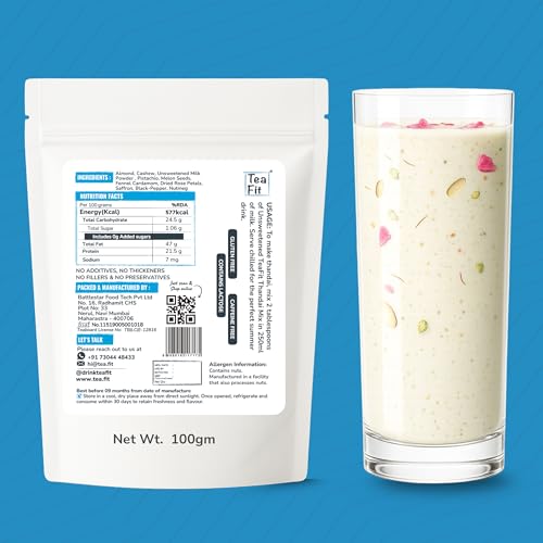 Image of TeaFit Zero Sugar High Protein Thandai Powder 100g | Traditional 16 Ingredient Nuts, Seeds & Spice Blend | Ingredient Dense Summer Cooler | Add to Milk | No Artificial Flavors & Chemicals
