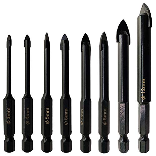 Hymnorq 8-Piece Glass & Tile Drill Bit Set, 3-12mm YG6X Carbide Hex Shank