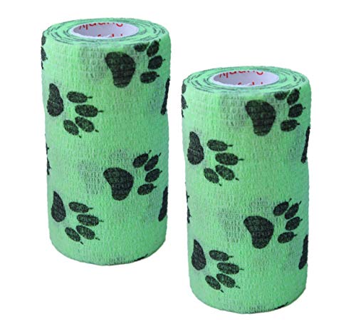 Image of Vet Wrap Wrap Tape (Green with Paw Prints) (2 Pack) (4 Inch x 15 feet) Self Adhesive Adherent Adhering Cohesive Flex Self Stick Bandage Grip Roll Dog Cat Pet Horse