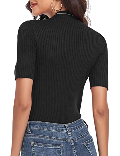 PrettyGuide Women's Short Sleeve Sweater Tops Mock Neck with Button Pullover Slim Fit Casual Business Knit Basic Top3