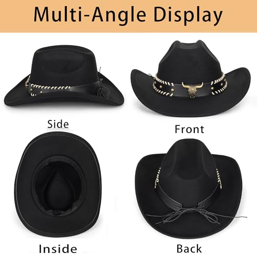 Image of Women-Classic-Western-Cowboy-Shapeable-Hat - Men-Roll-Up-Wide-Brim-Felt-Fedora-Hats-Cowgirl-Hat with Belt Buckle(M-L)