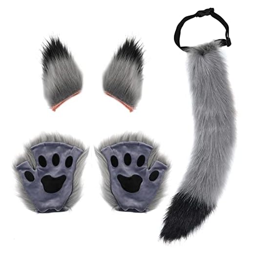 Wolf Ears and Tail Set Furry Paws Werewolf Fox Tail Ear Halloween Costume Grey