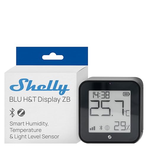 Shelly BLU H&T Display ZB Schwarz - Bluetooth & Zigbee Temperatur- und Luftfeuchtigkeitssensor, IP54, E-Paper-Display, Digitaluhr, Smart Home, Verschlüsselung, Fernüberwachung, Gateway Erforderlich