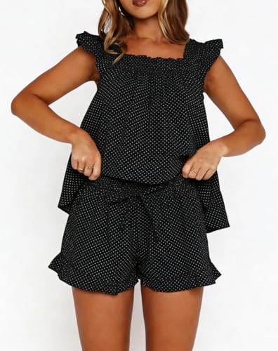 Image of ROAONOCOMO Women Floral Pajama Set Ruffle Babydoll Cami Top Coquette Pj Set Gingham 2 Piece Shorts Outfit Bridal Loungewear