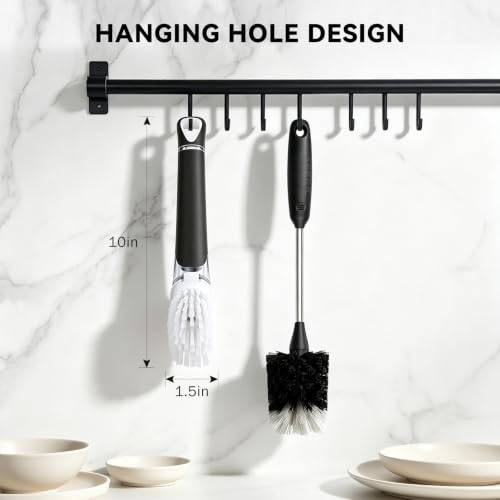 Image of SetSail Dish Brush with Soap Dispenser, Stiff Bristles Dish Scrubber Set | Built-in Scraper with 3 Pack Replaceable Brush Head Dish Scrub Brush with Non-Slip Handle for Kitchen Sink, Dishes, Pans, Pot