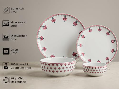 Image of Bodhi House Premium Porcelain Dinner Set 20 Pieces Serving for 6 | Pink Blossom Floral Design | Microwave & Dishwasher Safe | Crockery Set | Dinnerware Set for Home, Dining, Kitchen & Gifting