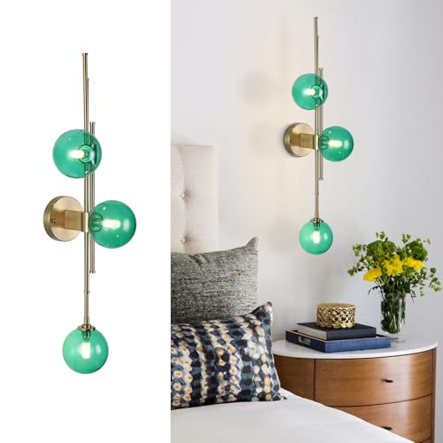 Image of Mid Century Modern Wall Sconce 3 Lights Glass Globe Wall Light Fixtures Elegant Green Magic Bean Glass Wall Lamp for Bedroom Bathroom Living Room Hallway (Dark Green)