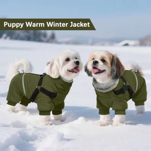 Image of BRKURLEG Dog Winter Coat with Harness Built in, Winter Dog Jackets for Small and Medium Dogs, Small Dog Snowsuit Reflective Windproof Cold Weather Dog Coat, Dog Warm Fleece Coat, Army Green, L